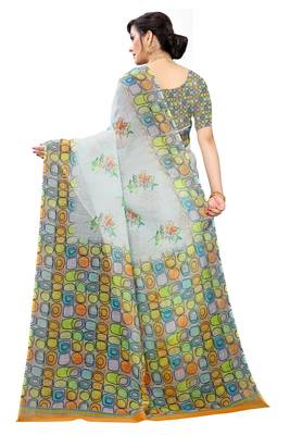 Multicolor Digital Print Pure Linen Cotton Saree with Blouse Piece 5
