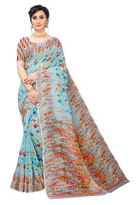 Multicolor Digital Print Pure Linen Cotton Saree with Blouse Piece 1