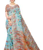 Multicolor Digital Print Pure Linen Cotton Saree with Blouse Piece