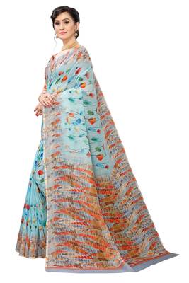Multicolor Digital Print Pure Linen Cotton Saree with Blouse Piece 2
