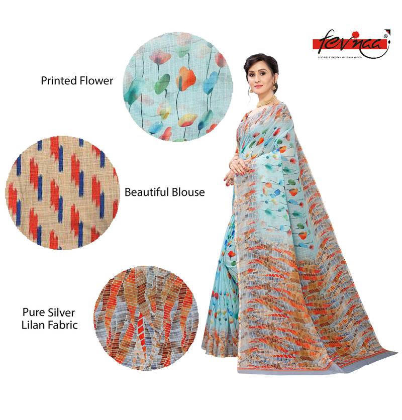Multicolor Digital Print Pure Linen Cotton Saree with Blouse Piece