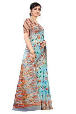 Multicolor Digital Print Pure Linen Cotton Saree with Blouse Piece 4