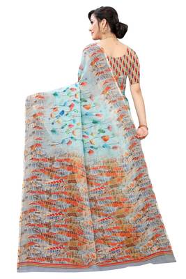 Multicolor Digital Print Pure Linen Cotton Saree with Blouse Piece 5