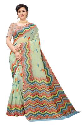 Multicolor Digital Print Pure Linen Cotton Saree with Blouse Piece 1