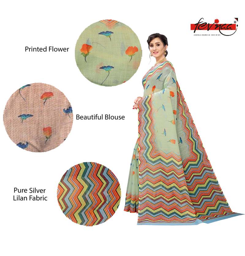 Multicolor Digital Print Pure Linen Cotton Saree with Blouse Piece