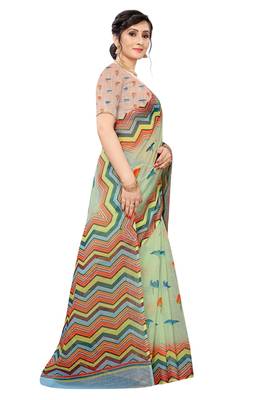 Multicolor Digital Print Pure Linen Cotton Saree with Blouse Piece 4