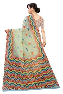 Multicolor Digital Print Pure Linen Cotton Saree with Blouse Piece 5