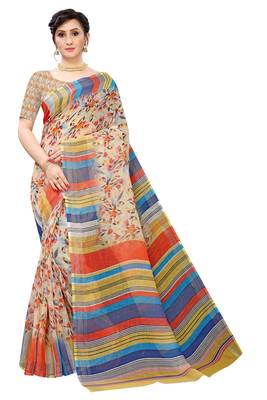 Multicolor Digital Print Pure Linen Cotton Saree with Blouse Piece 1