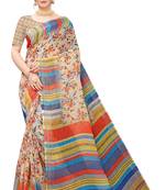 Multicolor Digital Print Pure Linen Cotton Saree with Blouse Piece