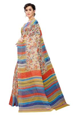 Multicolor Digital Print Pure Linen Cotton Saree with Blouse Piece 2