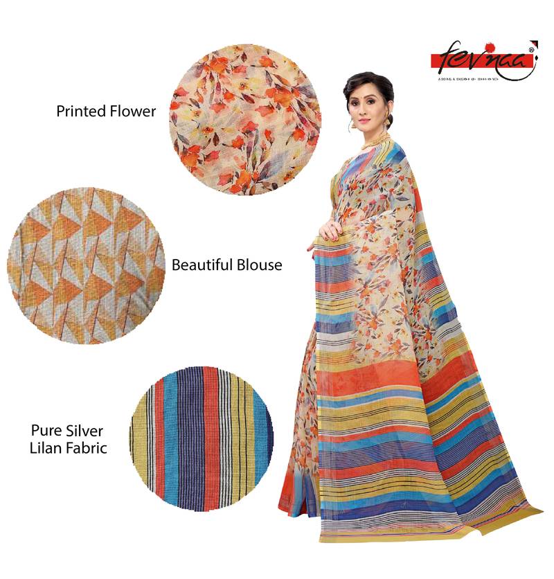 Multicolor Digital Print Pure Linen Cotton Saree with Blouse Piece