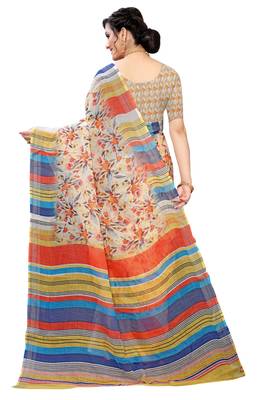 Multicolor Digital Print Pure Linen Cotton Saree with Blouse Piece 5