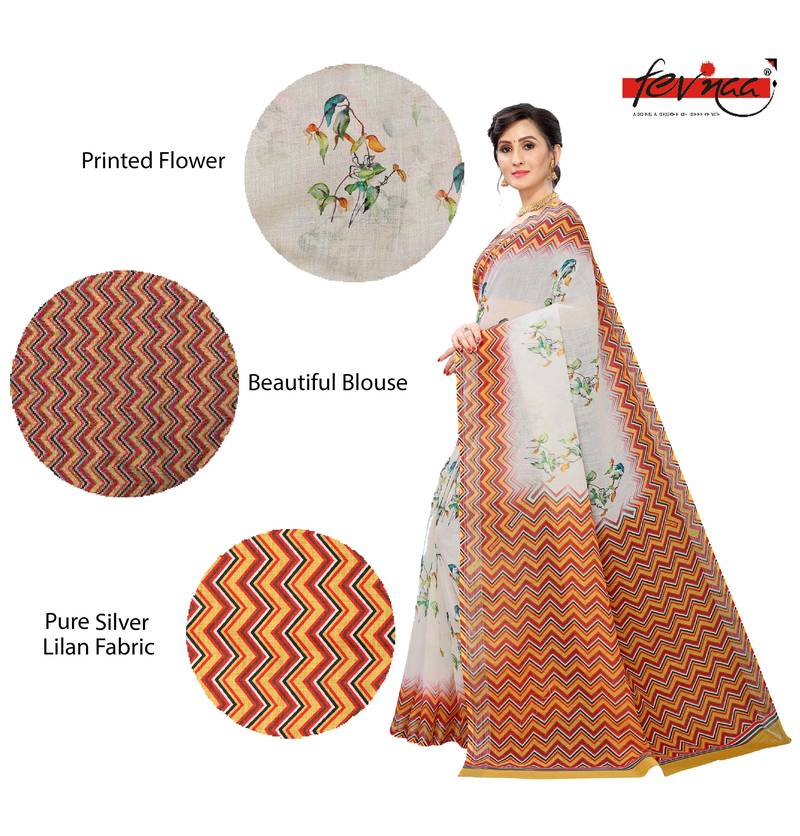 Multicolor Digital Print Pure Linen Cotton Saree with Blouse Piece