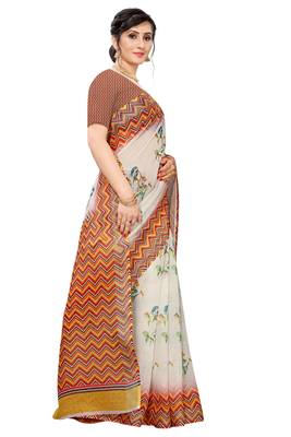 Multicolor Digital Print Pure Linen Cotton Saree with Blouse Piece 4
