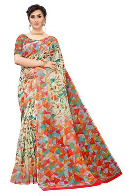 Multicolor Digital Print Pure Linen Cotton Saree with Blouse Piece 1