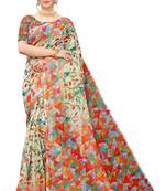 Multicolor Digital Print Pure Linen Cotton Saree with Blouse Piece