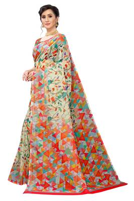 Multicolor Digital Print Pure Linen Cotton Saree with Blouse Piece 2