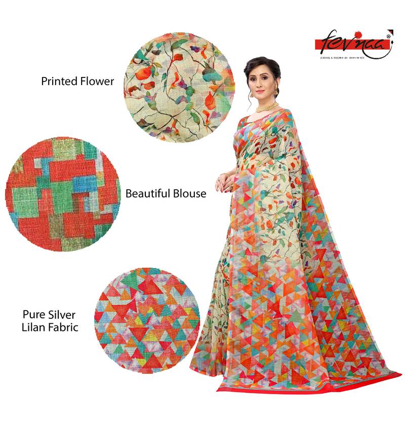 Multicolor Digital Print Pure Linen Cotton Saree with Blouse Piece