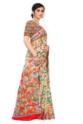 Multicolor Digital Print Pure Linen Cotton Saree with Blouse Piece 4