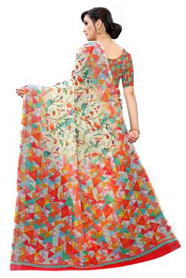 Multicolor Digital Print Pure Linen Cotton Saree with Blouse Piece 5