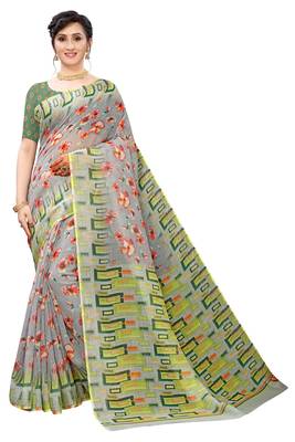 Multicolor Digital Print Pure Linen Cotton Saree with Blouse Piece 1