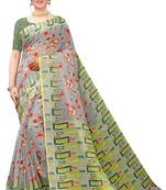 Multicolor Digital Print Pure Linen Cotton Saree with Blouse Piece