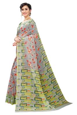 Multicolor Digital Print Pure Linen Cotton Saree with Blouse Piece 2