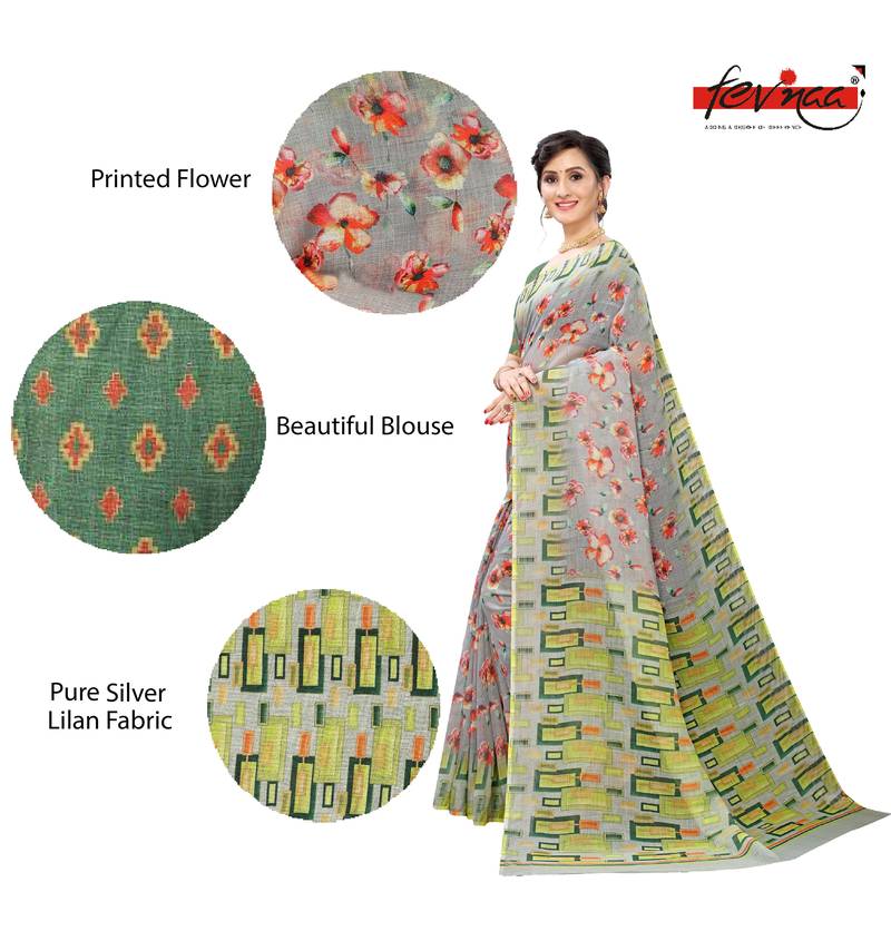 Multicolor Digital Print Pure Linen Cotton Saree with Blouse Piece