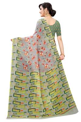 Multicolor Digital Print Pure Linen Cotton Saree with Blouse Piece 5