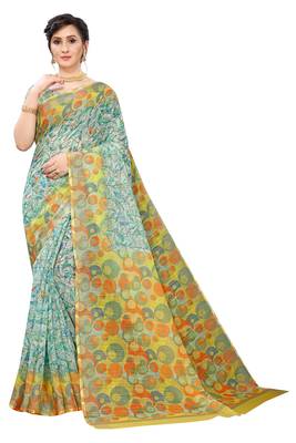 Multicolor Digital Print Pure Linen Cotton Saree with Blouse Piece 1