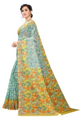 Multicolor Digital Print Pure Linen Cotton Saree with Blouse Piece 2