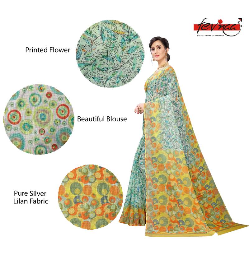 Multicolor Digital Print Pure Linen Cotton Saree with Blouse Piece