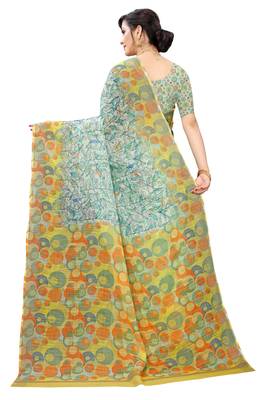 Multicolor Digital Print Pure Linen Cotton Saree with Blouse Piece 5