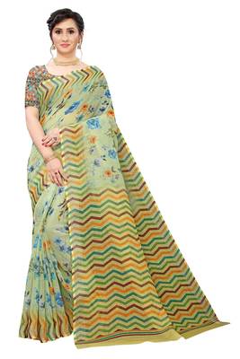 Multicolor Digital Print Pure Linen Cotton Saree with Blouse Piece 1