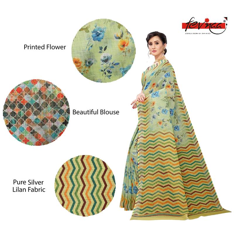 Multicolor Digital Print Pure Linen Cotton Saree with Blouse Piece