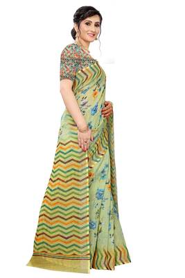 Multicolor Digital Print Pure Linen Cotton Saree with Blouse Piece 4