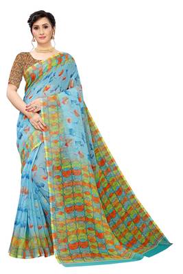 Multicolor Digital Print Pure Linen Cotton Saree with Blouse Piece 1