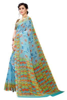 Multicolor Digital Print Pure Linen Cotton Saree with Blouse Piece 2