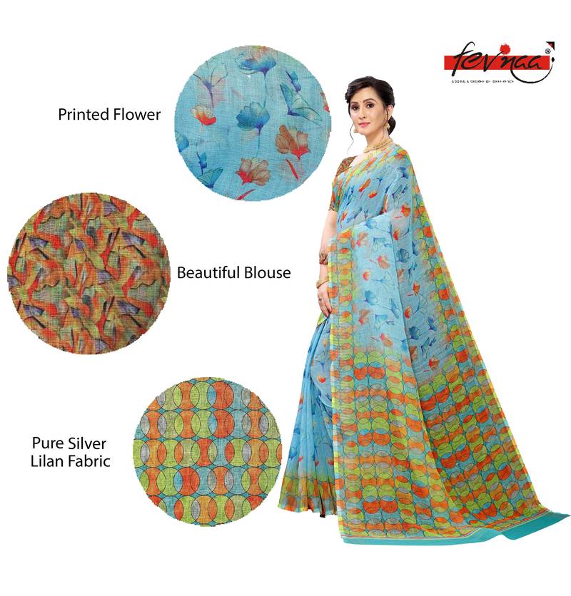 Multicolor Digital Print Pure Linen Cotton Saree with Blouse Piece