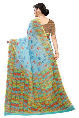 Multicolor Digital Print Pure Linen Cotton Saree with Blouse Piece 5