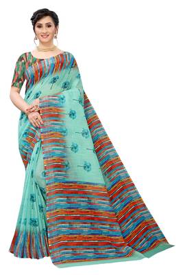 Multicolor Digital Print Pure Linen Cotton Saree with Blouse Piece 1