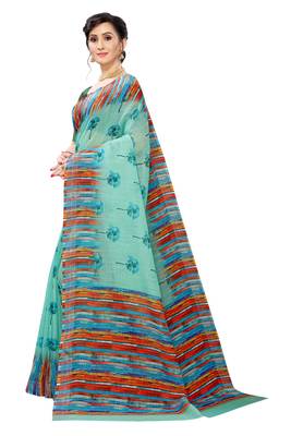 Multicolor Digital Print Pure Linen Cotton Saree with Blouse Piece 2