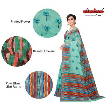Multicolor Digital Print Pure Linen Cotton Saree with Blouse Piece 3