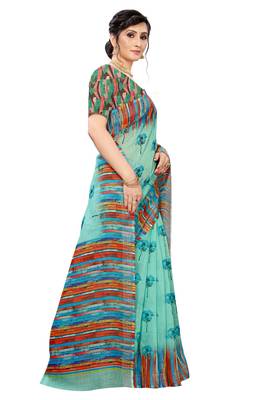 Multicolor Digital Print Pure Linen Cotton Saree with Blouse Piece 4