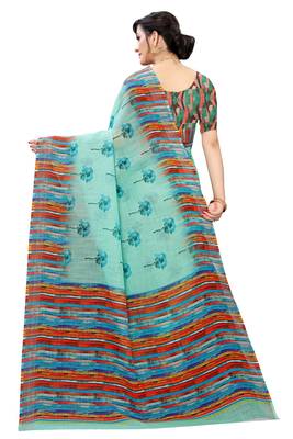 Multicolor Digital Print Pure Linen Cotton Saree with Blouse Piece 5