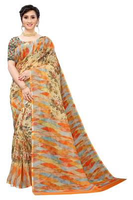 Multicolor Digital Print Pure Linen Cotton Saree with Blouse Piece 1