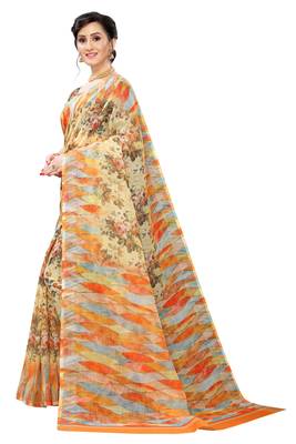 Multicolor Digital Print Pure Linen Cotton Saree with Blouse Piece 2