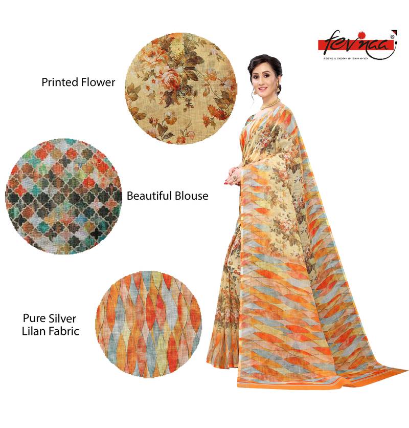 Multicolor Digital Print Pure Linen Cotton Saree with Blouse Piece