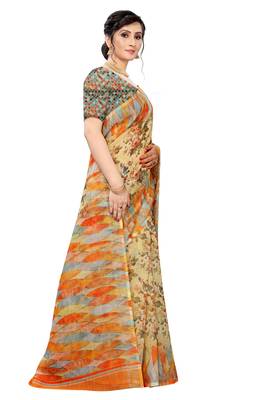 Multicolor Digital Print Pure Linen Cotton Saree with Blouse Piece 4