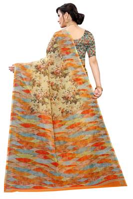 Multicolor Digital Print Pure Linen Cotton Saree with Blouse Piece 5